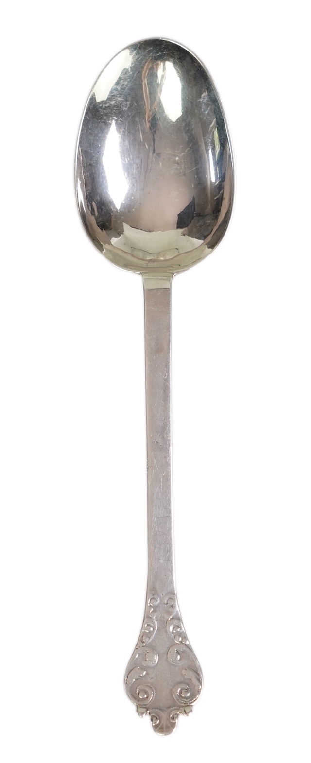 A late 17th century silver lace back trefid spoon, by William Scarlett